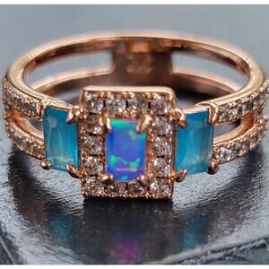 Rose Gold Plated Ring with Simulated Opal and Blue Stones - Size 9